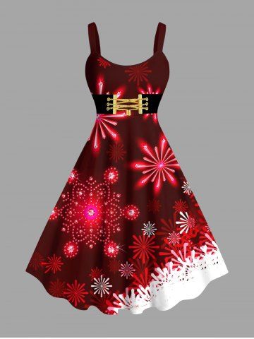 Plus Size Christmas Snowflake Glitter Belt 3D Print Tank Dress - RED - XS