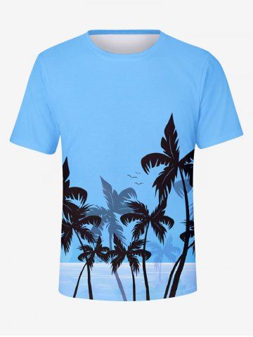 Plus Size Coconut Tree Bird Sea Print Hawaii T-shirt For Men - BLUE - XS