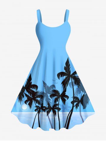 Plus Size Coconut Tree Bird Sea Printed Hawaii Tank Dress - BLUE - 6X