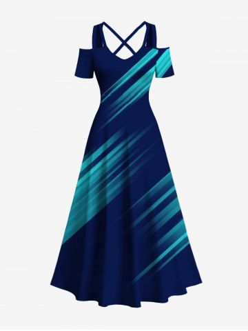 Plus Size Light Beam Print Cold Shoulder Crisscross Maxi Dress - DEEP BLUE - 4X