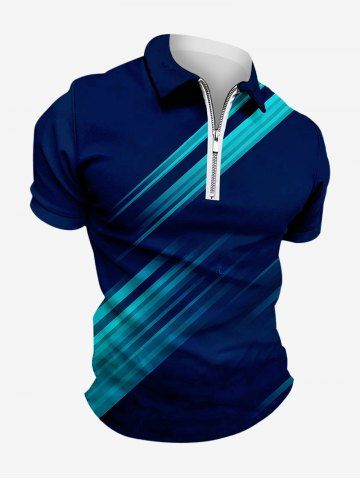 Plus Size Light Beam Print Zipper Polo Shirt For Men - DEEP BLUE - XL