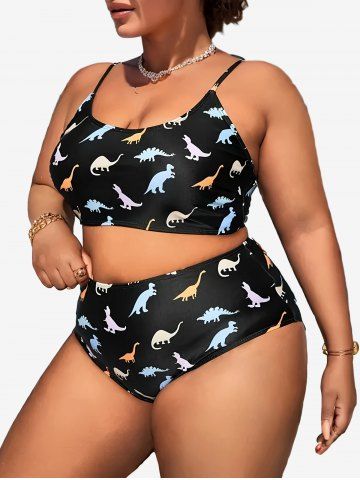 Maillot de Bain Tankini Dinosaure Imprimé à Taille Haute de Grande Taille à Bretelle Ajustable (Epaule) - BLACK - 1XL