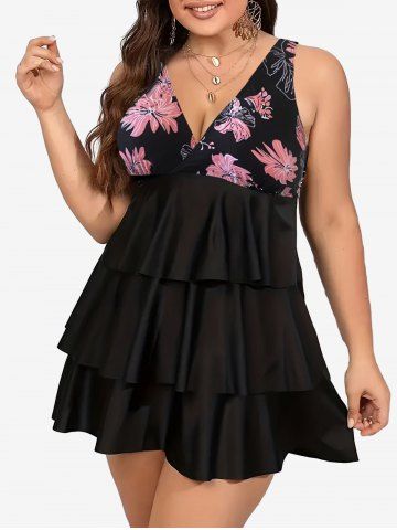 Plus Size Flowers Print Surplice Layered Ruffles Tankini Swimsuit - BLACK - 1XL