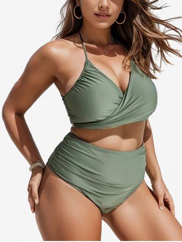 Plus Size Solid Color Halter Surplice Bowknot Back Tankini Swimsuit - GREEN - 1XL