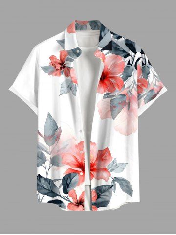 Plus Size Tropical Leaf Hibiscus Flower Print Buttons Pocket Hawaii Shirt For Men - WHITE - S