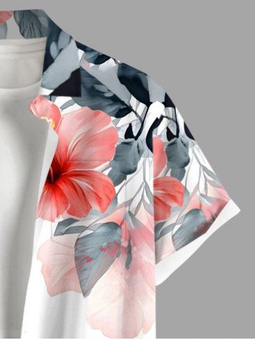 Plus Size Tropical Leaf Hibiscus Flower Print Buttons Pocket Hawaii Shirt For Men
