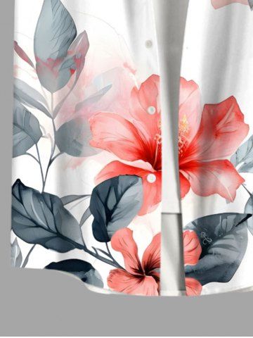 Plus Size Tropical Leaf Hibiscus Flower Print Buttons Pocket Hawaii Shirt For Men
