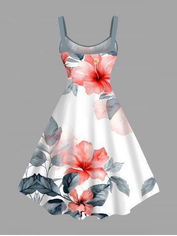Plus Size Tropical Leaf Hibiscus Flower Print Hawaii Tank Dress