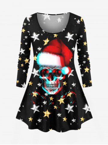 Plus Size Skull Christmas Hat Glitter Stars Candy Print Long Sleeves T-shirt - BLACK - 6X