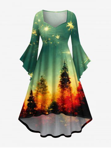 Plus Size Christmas Tree Fireworks Print Ombre Ruched High Low Asymmetric Dress - GREEN - S