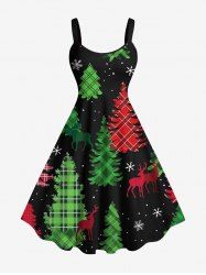 Plus Size Plaid Christmas Tree Snowflake Galaxy Elk Print A Line Dress -  