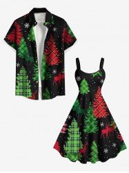 Tenue à Imprimé Sapin de Noël et Galaxie Grande Taille pour Couples de Flocons de Neige - Noir 