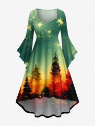 Robe asymétrique grande taille à imprimé sapin de Noël et feux d'artifice, dégradée et froncée. - Vert M
