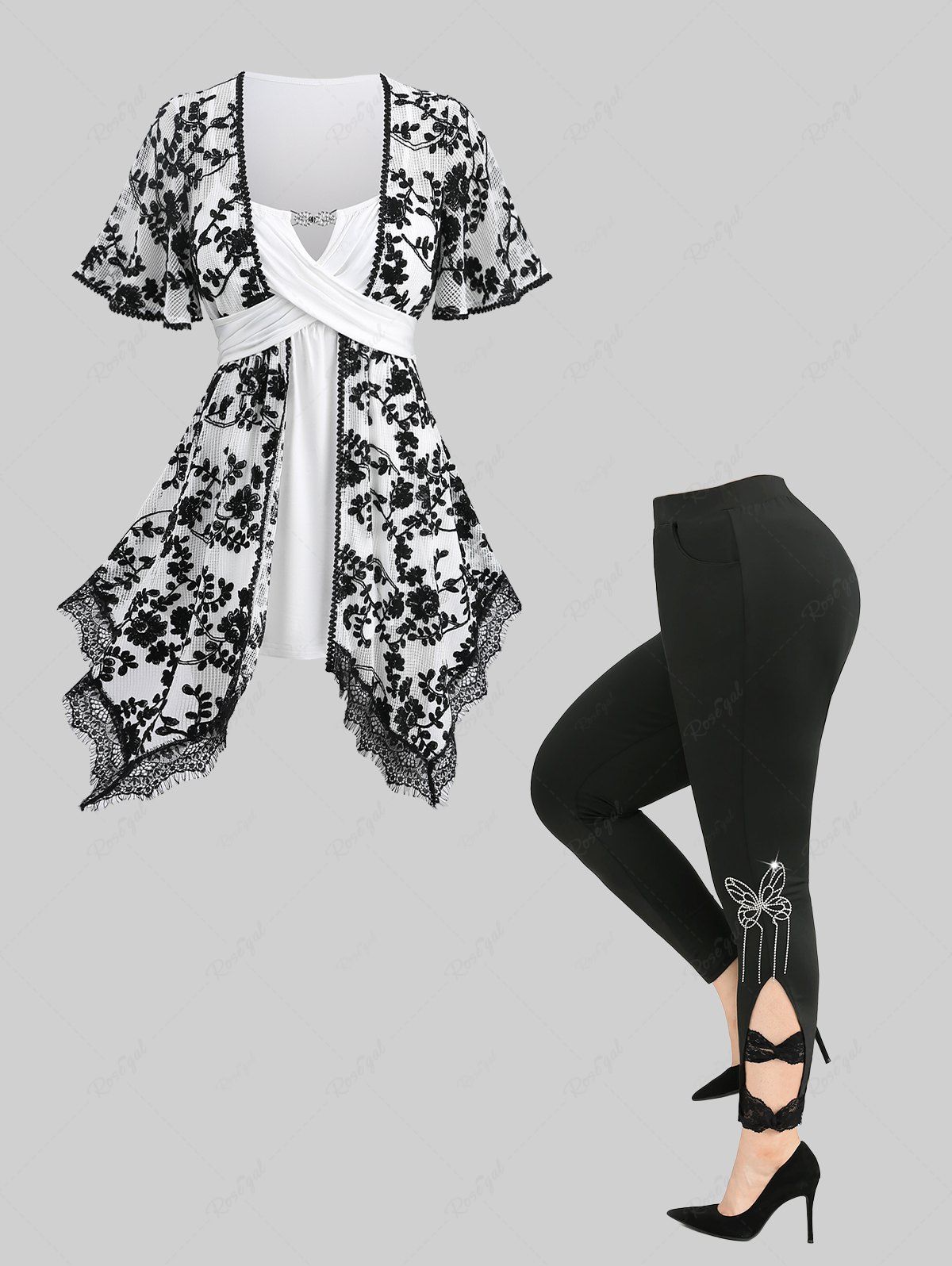 Trendy Flowers Embroidery Mesh Tassel Top and Lace Bowknot Rhinestones Glitter Butterfly Leggings Plus Size Outfit  