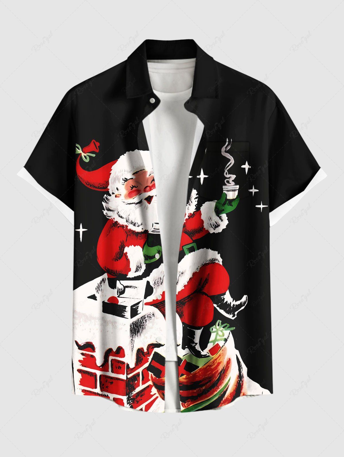 Chemise Etoile Père Noël et Cheminée Imprimés de Grande Taille avec Poche en Avant Noir L