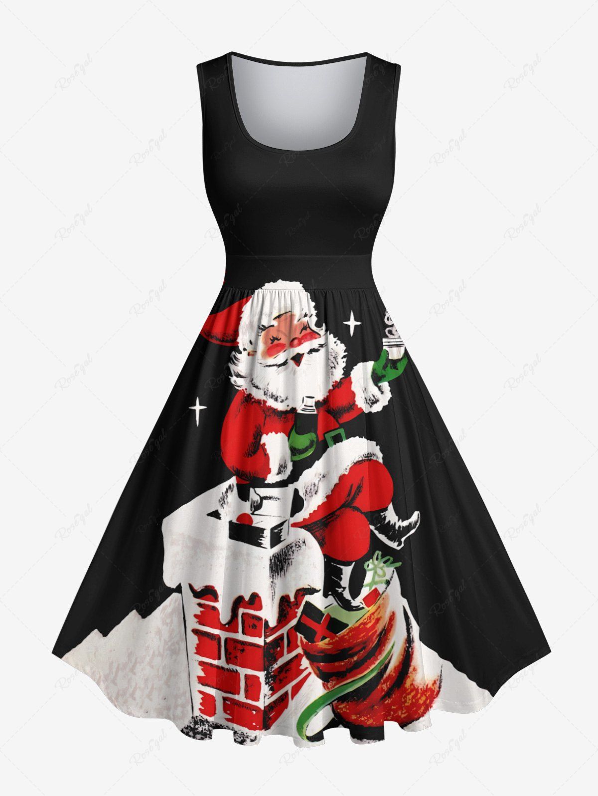 Outfits Plus Size Christmas Santa Claus Star Chimney Print 1950s Vintage Dress  