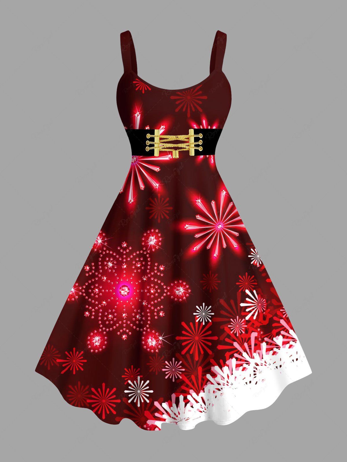 Sale Plus Size Christmas Snowflake Glitter Belt 3D Print Tank Dress  