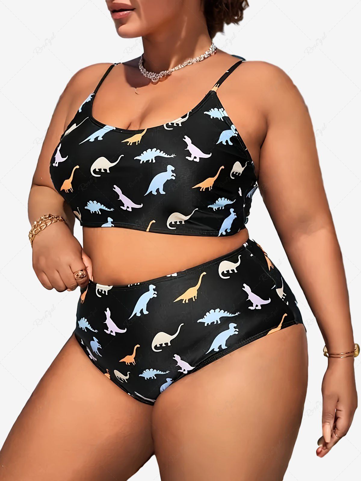 Buy Plus Size Dinosaur Print High Waist Tankini Swimsuit(Adjustable Shoulder Strap)  