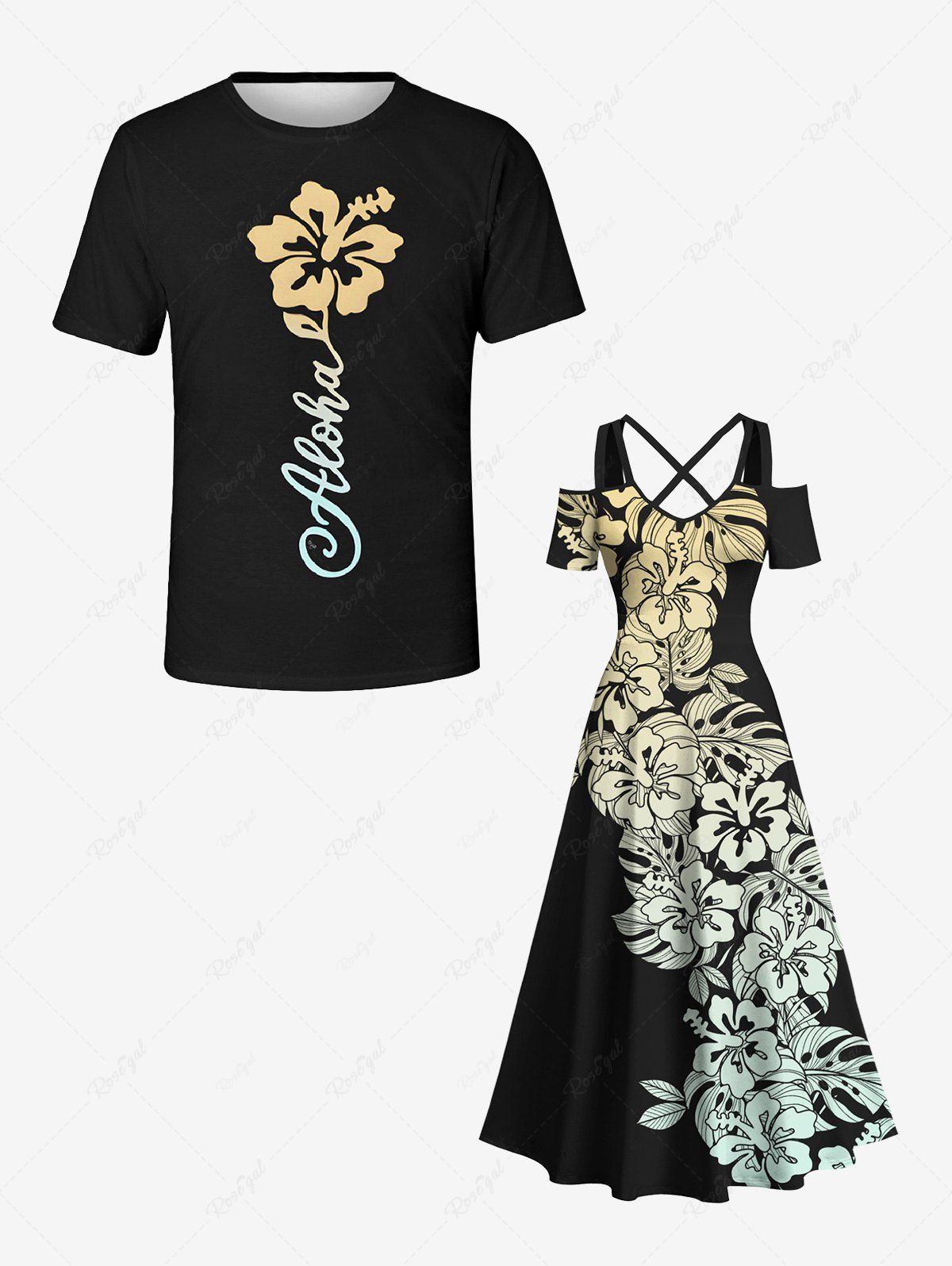 Fashion Tropical Leaf Hibiscus Flower Print Plus Size Matching Hawaii Beach Outfit For Couples  