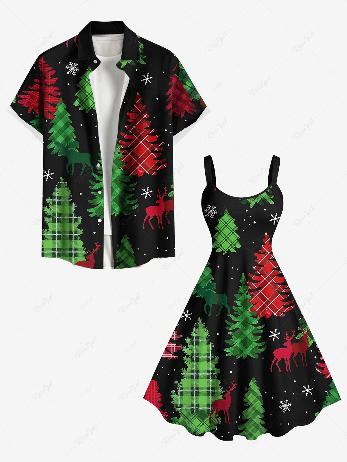 Tenue à Imprimé Sapin de Noël et Galaxie Grande Taille pour Couples de Flocons de Neige Noir 