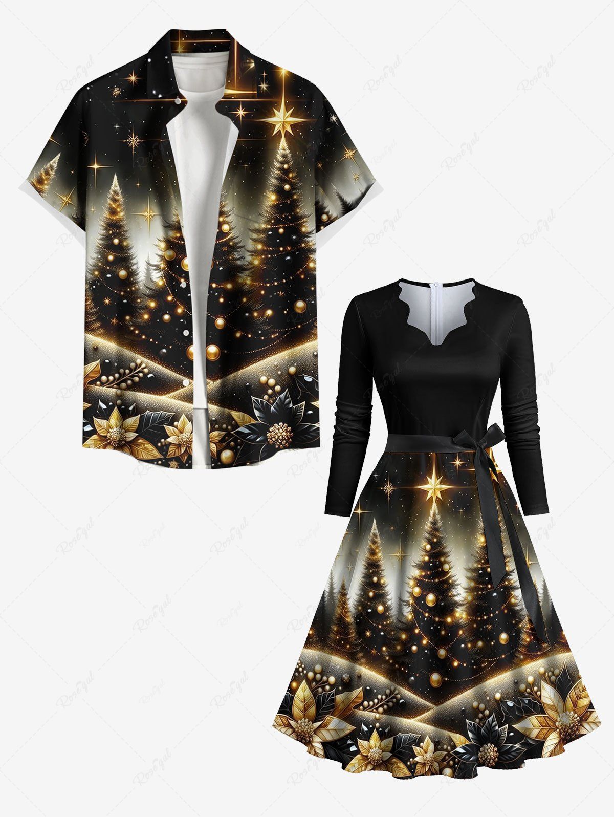 Tenue Grande Taille à Étoile et Arbre de Noël Brillant pour Couples Café profond 