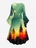 Robe asymétrique grande taille à imprimé sapin de Noël et feux d'artifice, dégradée et froncée. - Vert M