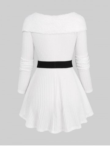 Twist Foldover Panel Ribbed Chain Belt Fleece Turn Down Collar Cable Knit Sweater and Wide Leg Pants Plus Size Outfit