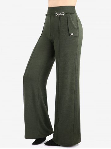 Twist Foldover Panel Ribbed Chain Belt Fleece Turn Down Collar Cable Knit Sweater and Wide Leg Pants Plus Size Outfit