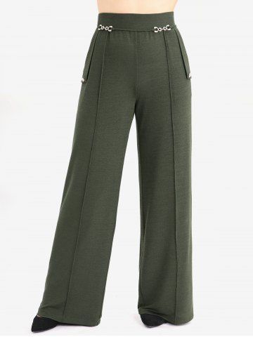 Twist Foldover Panel Ribbed Chain Belt Fleece Turn Down Collar Cable Knit Sweater and Wide Leg Pants Plus Size Outfit