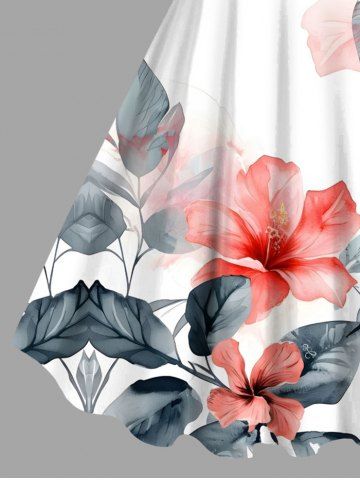 Tropical Leaf Hibiscus Flower Print Plus Size Matching Hawaii Beach Outfit For Couples