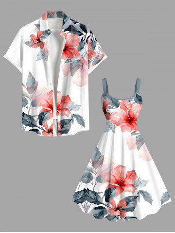 Tropical Leaf Hibiscus Flower Print Plus Size Matching Hawaii Beach Outfit For Couples - WHITE