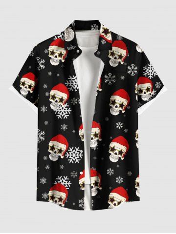 Plus Size Christmas Hat Snowflake Stars Skull Print Button Pocket Shirt For Men - BLACK - S