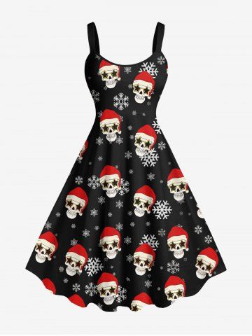 Plus Size Christmas Hat Snowflake Stars Skull Print A Line Dress - BLACK - S