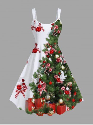 Plus Size Christmas Tree Ball Candy Bowknot Print A Line Dress - WHITE - XS