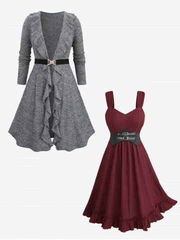 Ruffles Marled Ruched Tied Knitted Cardigan and Textured Crinkle Belted A Line Dress Plus Size Outfit - GRAY