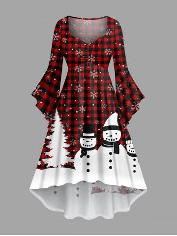 Plus Size Christmas Tree Plaid Snowman Snowflake Print Ruched Flare Sleeve High Low Dress - RED - XS