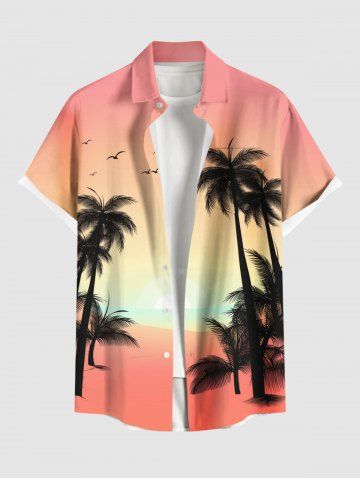 Plus Size Coconut Tree Bird Ombre Print Hawaii Buttons Pocket Shirt For Men - RED - XL