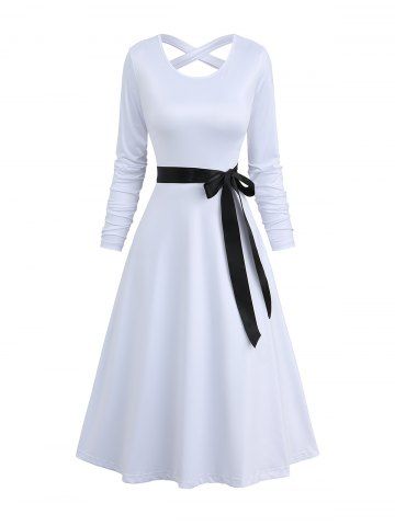 Solid Crisscross A Line Long Sleeve Dress with Tied Belt - WHITE - L