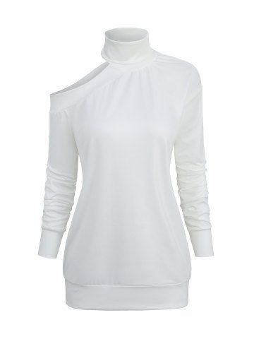 Cold Shoulder Solid Long Sleeve High Neck T-shirt - WHITE - S