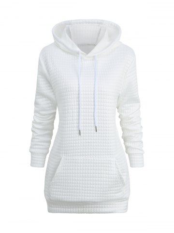 Waffle Textured Pocket Drawstring Pullover Long Sleeve Hoodie - WHITE - XS