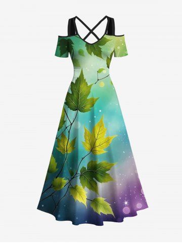 Plus Size Leaf Branch Ombre Light Spot Print Hawaii Crisscross A Line Maxi Dress - GREEN - 6X