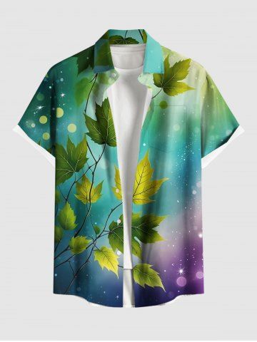 Plus Size Leaf Branch Ombre Light Spot Print Hawaii Button Pocket Shirt For Men - GREEN - S