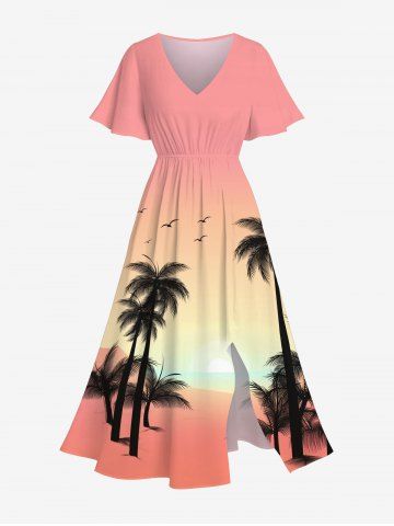 Plus Size Coconut Tree Bird Ombre Print Split Hawaii Midi Dress - LIGHT PINK - XXS