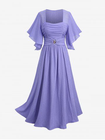 Plus Size Ruched Buckle Butterfly Sleeves Plisse Dress - LIGHT PURPLE - L | US 12