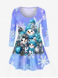 Plus Size Christmas Ball Flower Snowman Hat Scarf Snowflake Print T-shirt -  