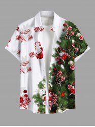 Plus Size Christmas Tree Ball Candy Bowknot Print Button Pocket Shirt For Men -  