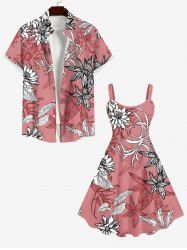 Floral Leaf Print Plus Size Matching Hawaii Beach Outfit For Couples -  