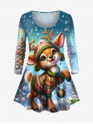 T-shirt Boule Sapin de Noël et Flocon de Neige Imprimés de Grande Taille - Bleu 3X