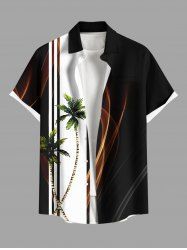 Plus Size Coconut Tree Two Tone Colorblock Light Beam Print Buttons Pocket Hawaii Shirt For Men -  