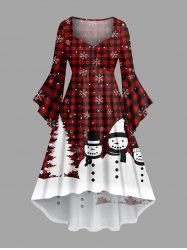Plus Size Christmas Tree Plaid Snowman Snowflake Print Ruched Flare Sleeve High Low Dress -  